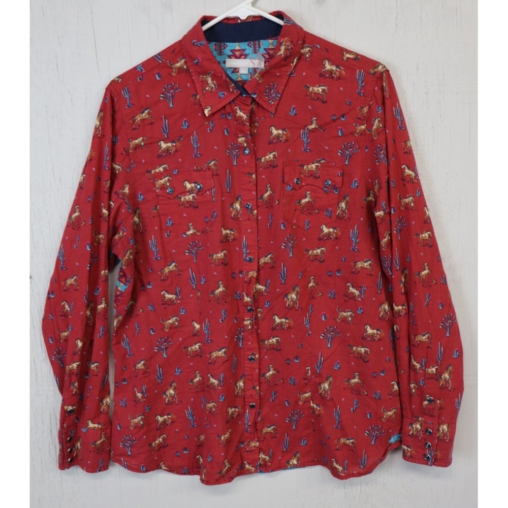 Womens Tin Haul Pearl Snap Shirt Multicolor Horse All Over Size XL Red Western